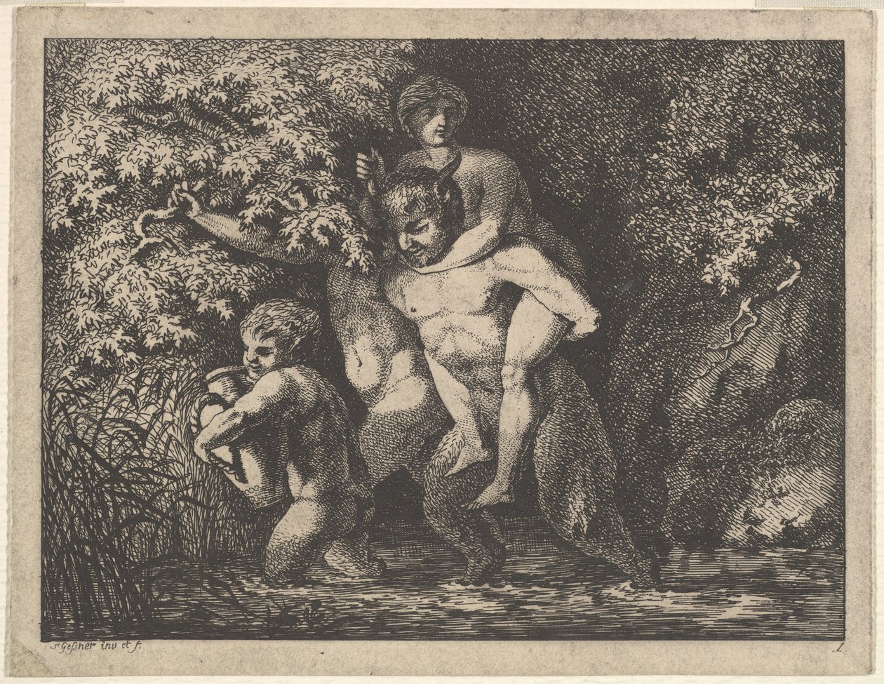 Satyr ailesi, hareket halinde, 18. Yüzyıl. by Salomon Gessner