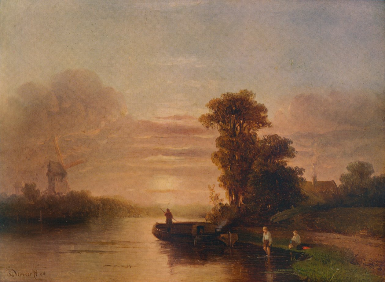 Nehirde Gün Batımı, Yel Değirmeni ve Kulübe ile, 1848, 1938 by Salomon Leonardus Verveer