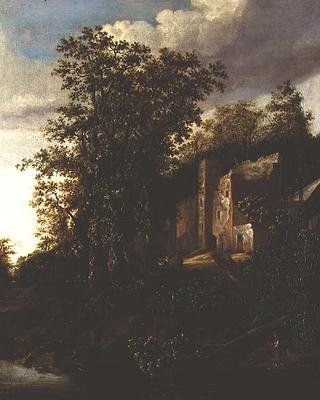 Yıkık bir malikanenin yanında köylülerle dolu ormanlık bir nehir manzarası by Salomon Rombouts