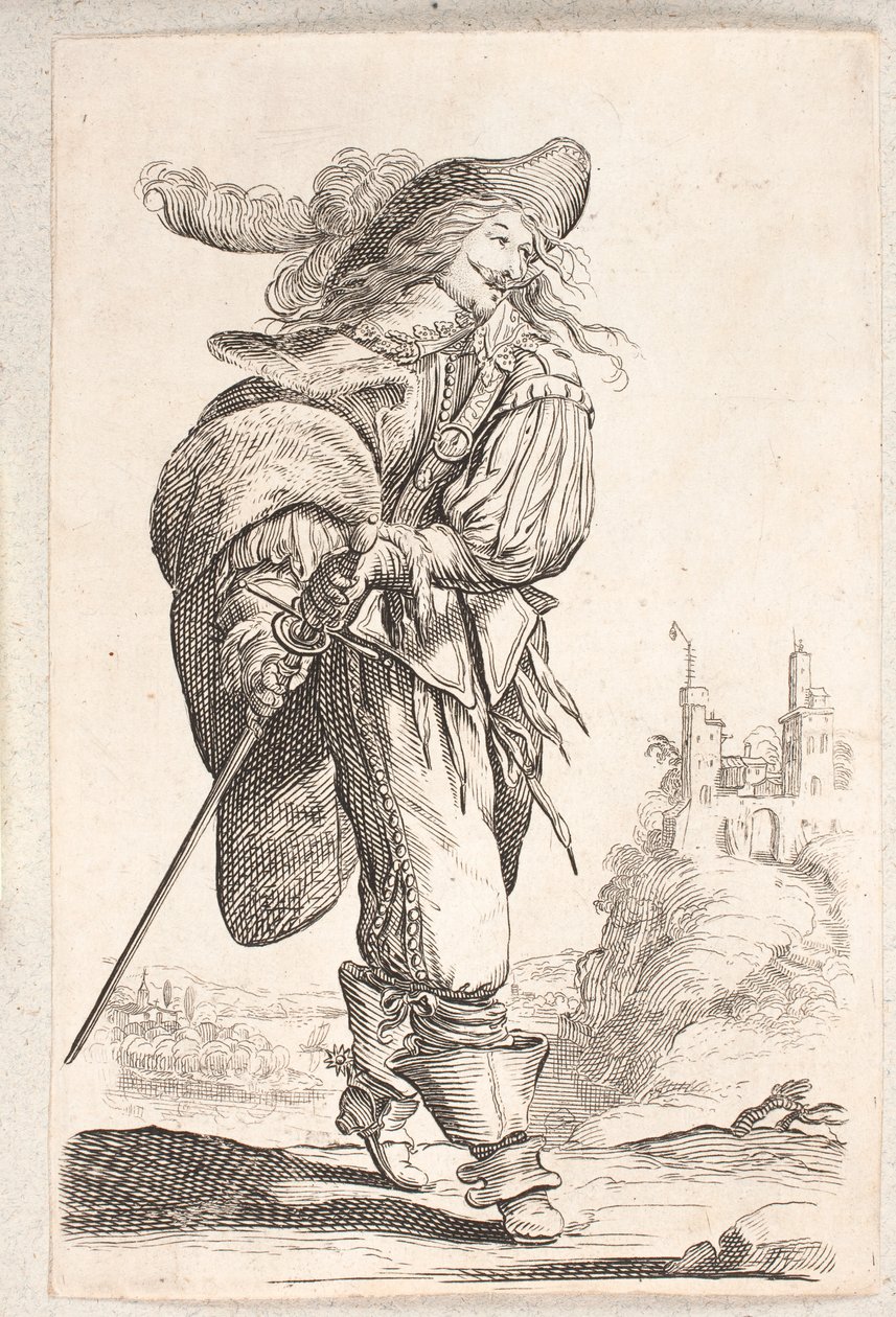 Yürüyen adam, dörtte üç profilli t.h., leşi kalçasından kavrayan. Arka planda bir kale by Salomon Savery