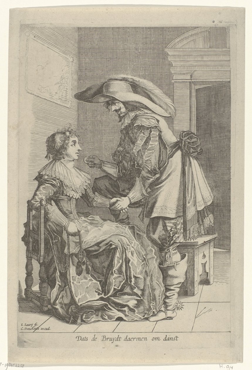 Adam bir kadına bozuk para teklif ediyor Dats de Bruydt daermen om danst (nesne üzerindeki başlık) by Salomon Savery