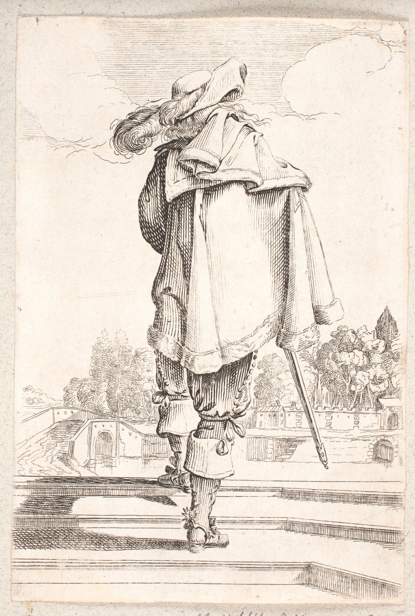 Üç basamaklı uçuş yukarı yürürken arkadan görülen adam by Salomon Savery