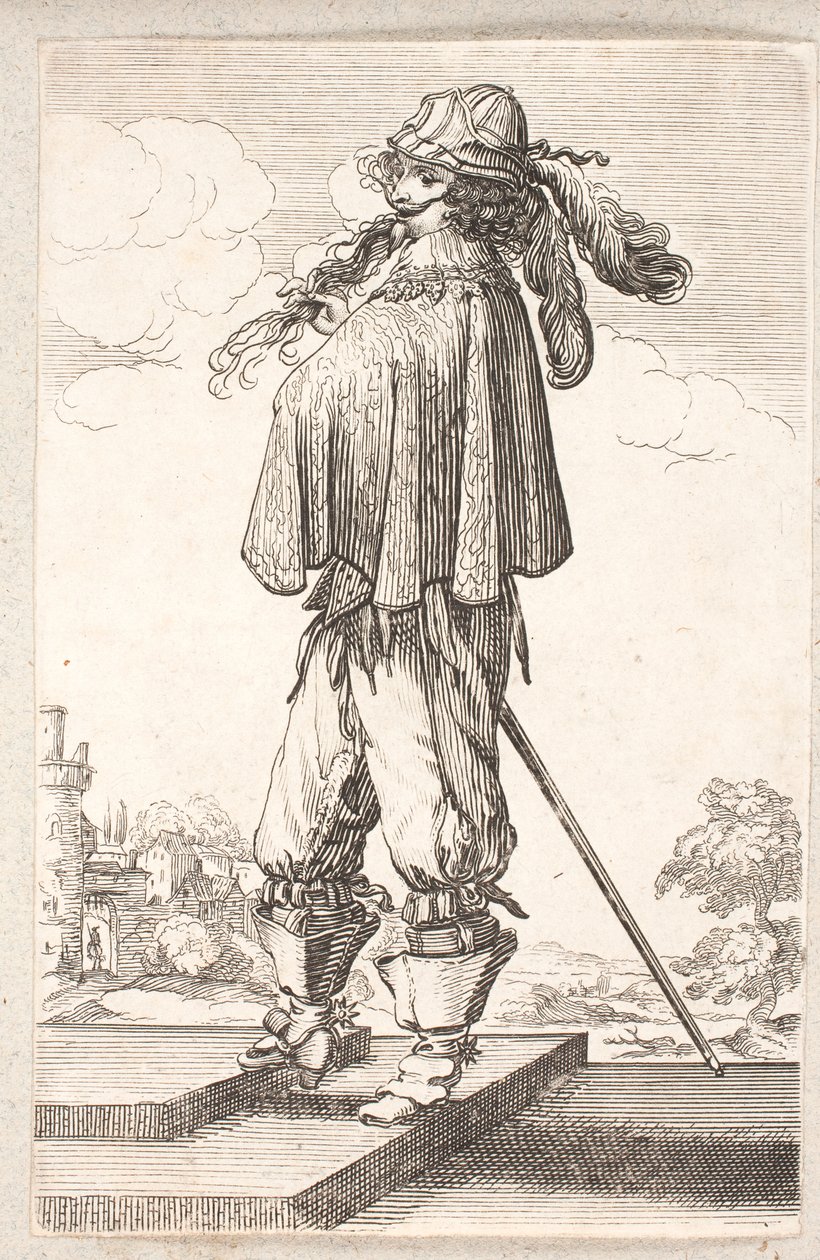 Adam, profil solda, örgü ve tüylü şapkalı, iki basamak yukarı çıkıyor by Salomon Savery