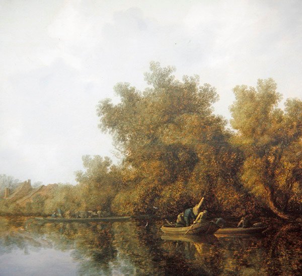 Kürekli Teknelerde Balık Kaldıran Balıkçılarla Bir Nehir Manzarası (panelde yağ) by Salomon van Ruisdael or Ruysdael
