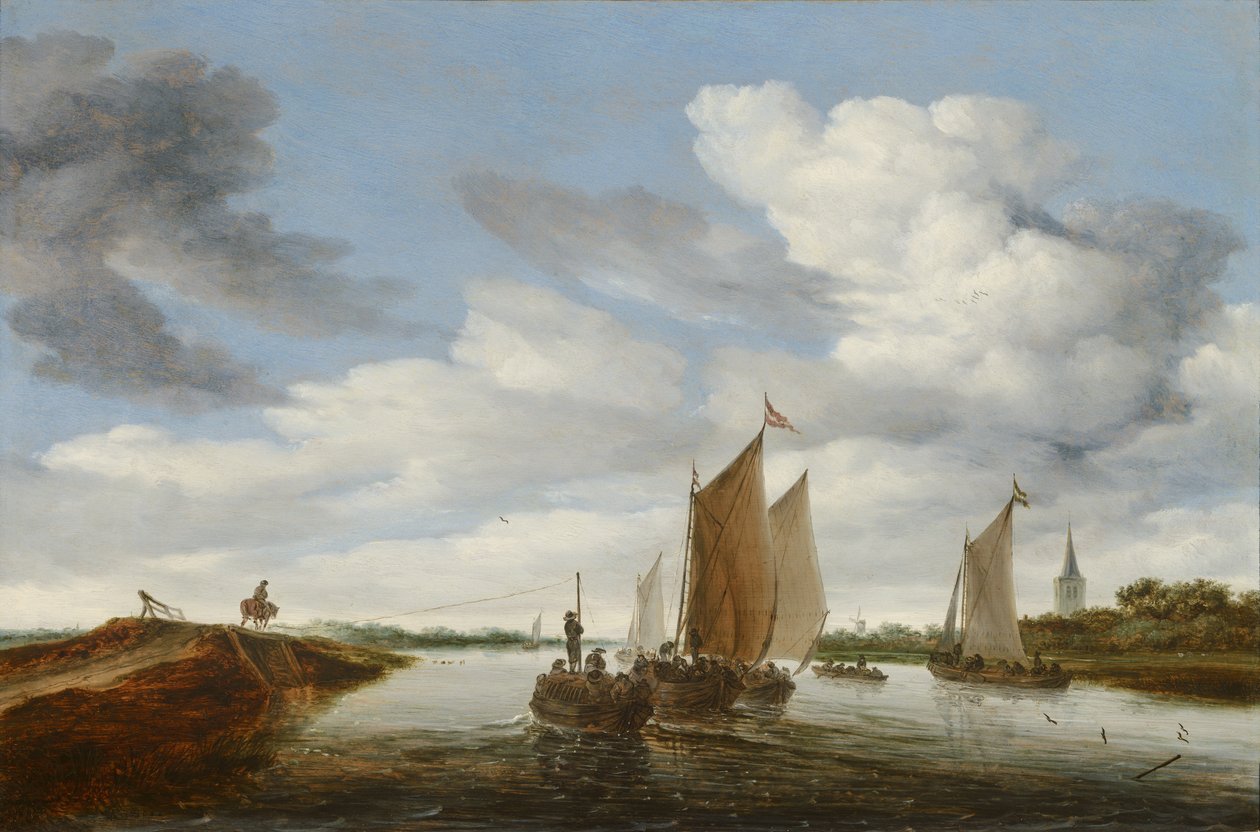 Yelkenli Tekneler ve Atlı Bir Mavna ile Nehir Manzarası by Salomon van Ruisdael or Ruysdael