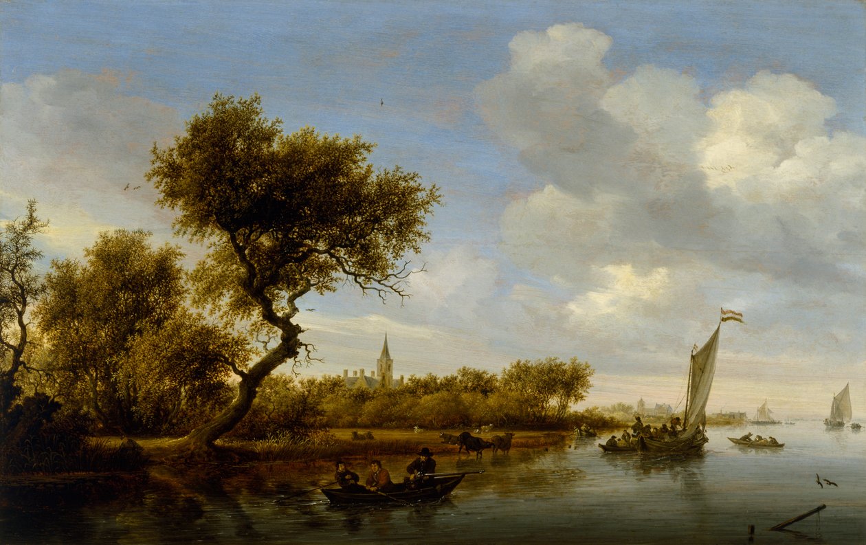 Uzakta Bir Kilise ile Nehir Manzarası, c.1655-1660 (tahta üzerine yağlı boya) by Salomon van Ruisdael or Ruysdael