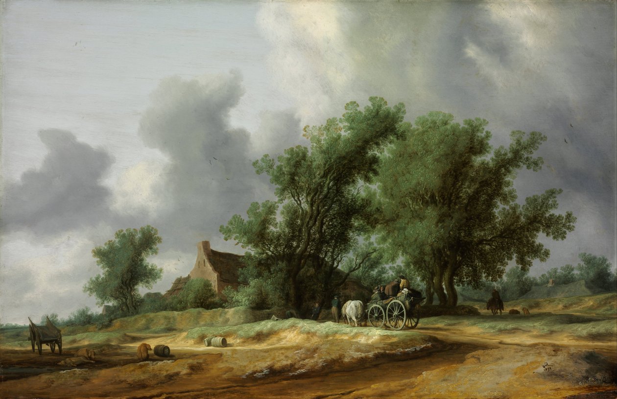 Kumullarda Arabalı Yol - Peinture de Salomon Jacobsz van Ruisdael(1600/3-1670) - 1631 - Ahşap üzerine yağlı boya - 56x86,4 - Szepmuveszeti Muzeum, Budapeşte by Salomon van Ruisdael or Ruysdael