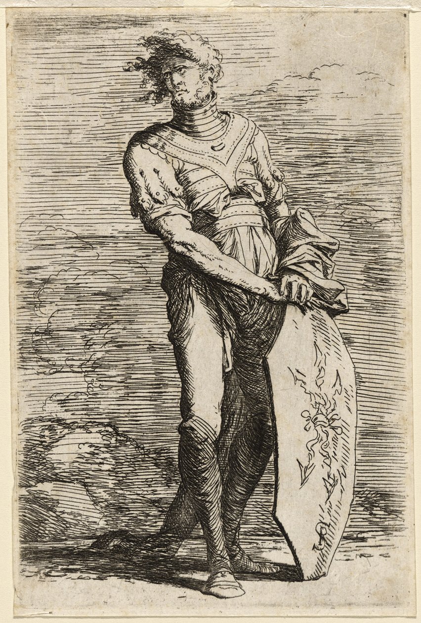 Uzatılmış Sekizgen Kalkan Tutan Ayakta Bir Savaşçı, c.1656-57 (döşemiş kağıda gravür) by Salvator Rosa