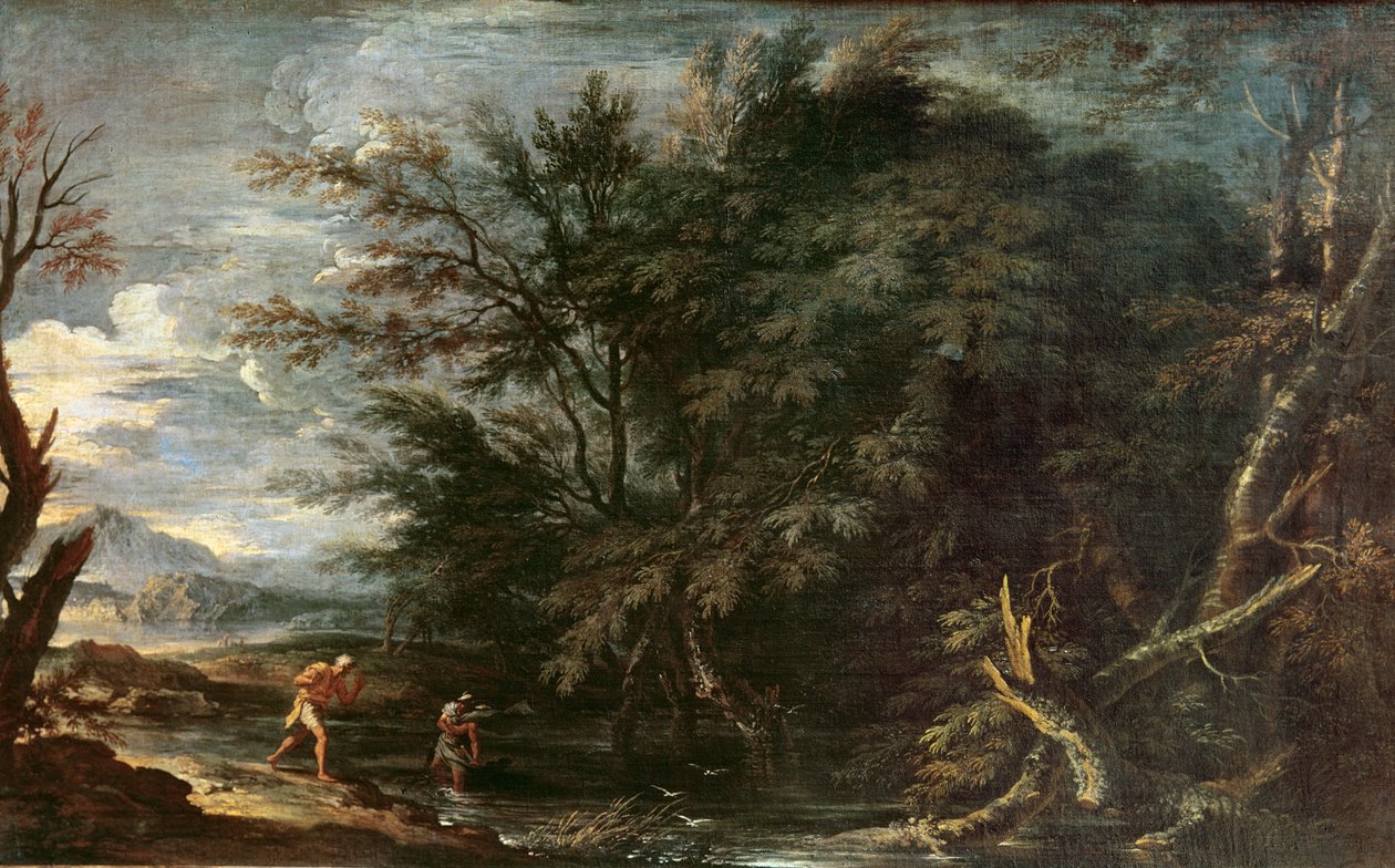 Merkür ve Dürüst olmayan Woodman ile Manzara, c.1650 by Salvator Rosa