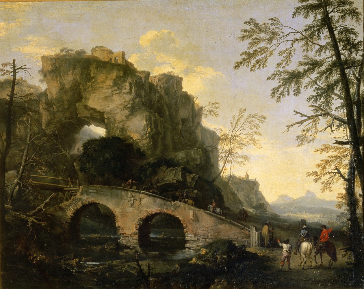 Harap bir köprü ile manzara by Salvator Rosa