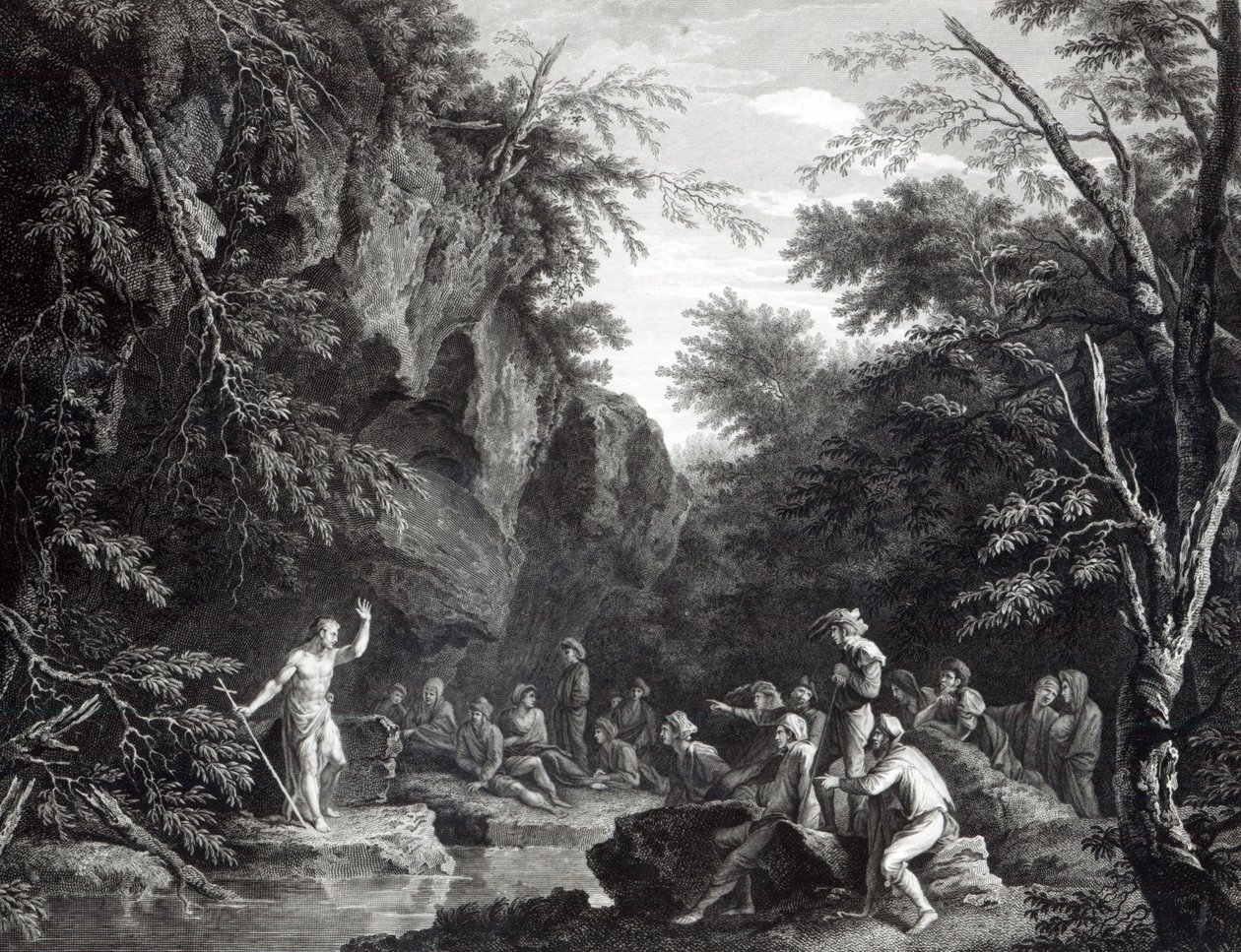 Vahşi doğada vaaz veren Aziz John, John Browne tarafından kazınmış, 1768 by Salvator Rosa