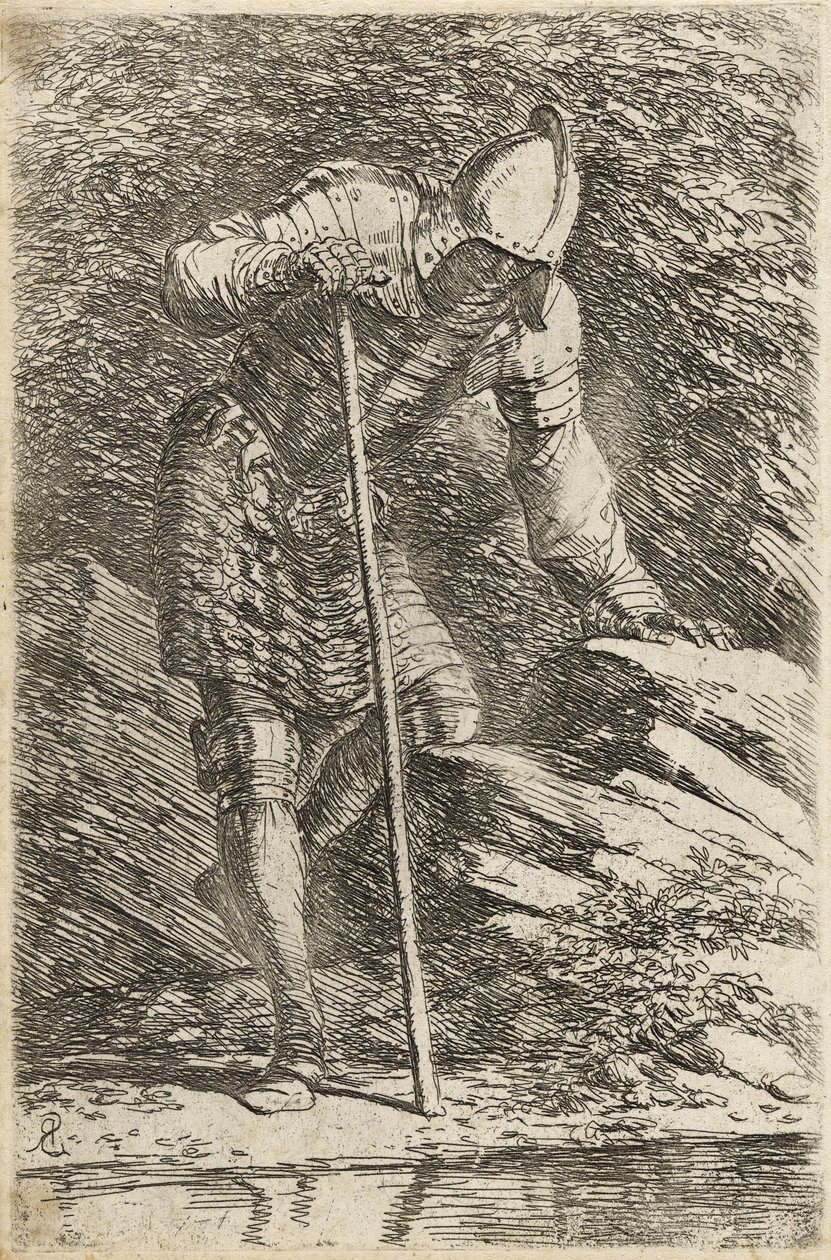 Bir Akımla İlgili Olarak Miğfer ve Zırhlı Asker, c.1656-57 (kuru nokta ile serilmiş kağıt üzerine gravür) by Salvator Rosa