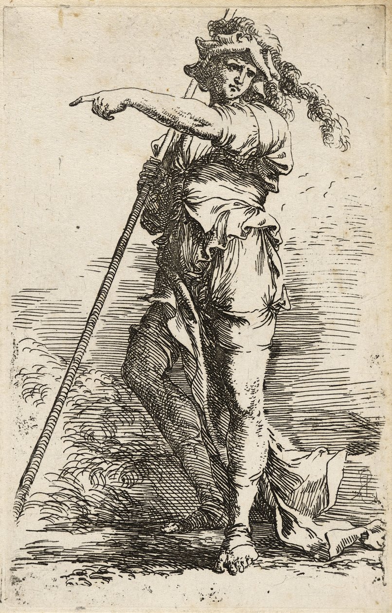 Ayakta duran Savaşçı, omzunun üzerinde uzun bir asa tutuyor ve işaret ediyor, c.1656-57 (sert kağıt üzerine kuru nokta ile gravür) by Salvator Rosa