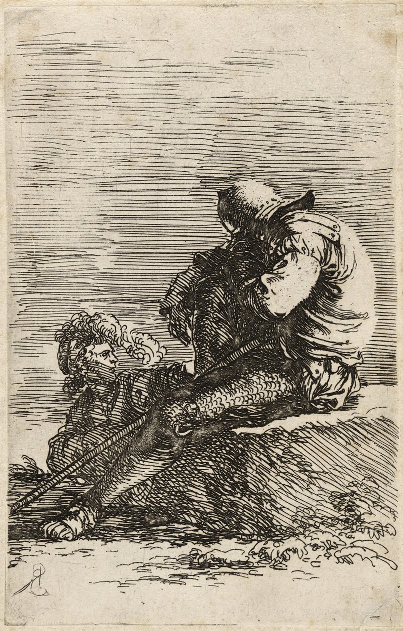 İki Asker, biri bir çıkıntıya oturmuş baston tutan, c.1656-57 (döşemiş kağıt üzerine gravür) by Salvator Rosa