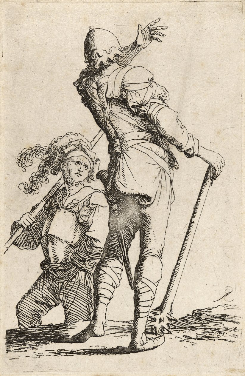 İki Savaşçı, biri gürzünü tutuyor ve diğerini çağırmak için dönüyor, c.1656-57 (sert kağıt üzerine kuru nokta ile gravür) by Salvator Rosa