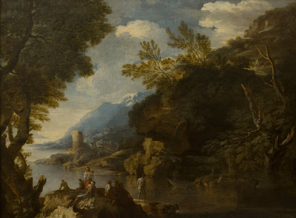 Figürler ve kayıklarla manzara, c.1635-73 (tuval üzerine yağlı boya) by Salvator (follower of) Rosa