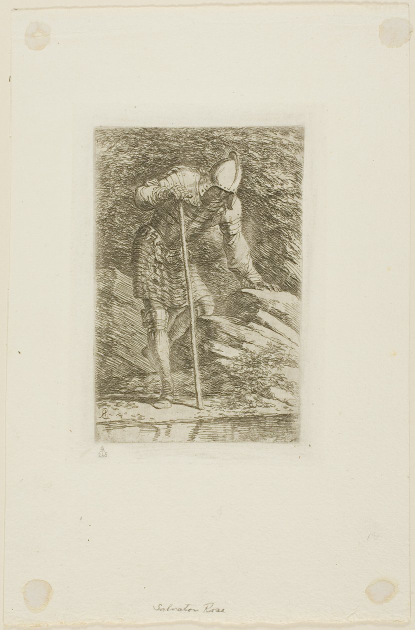 Bir Mağarada Tam Zırhlı Bir Savaşçı by Salvator Rosa