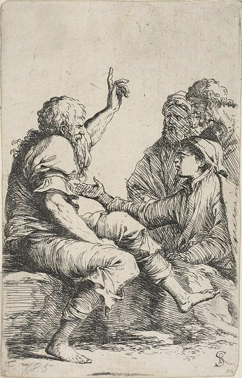 Figurine serisinden bir kayanın üzerinde oturan ve karşısındaki üç adama küçük bir jest yapan sakallı yaşlı bir adam by Salvator Rosa