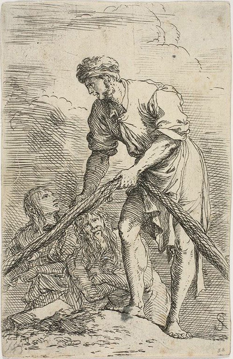 Figurine serisinden arkasında iki figür olan bir ağ çeken bir adam by Salvator Rosa