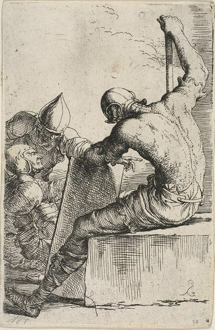 Ön plandaki bir blokta oturan bir savaşçı, bir kalkan ve asa tutar ve Figurine serisinden arkasındaki iki savaşçıya döner by Salvator Rosa