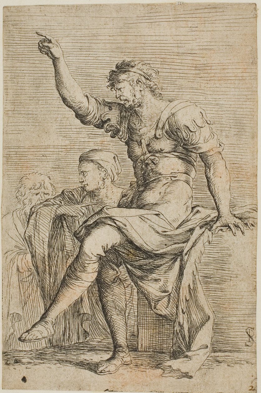 Bir savaşçı bir blokta oturur ve jestler yapar; Figurine serisinden iki figür onun arkasında by Salvator Rosa