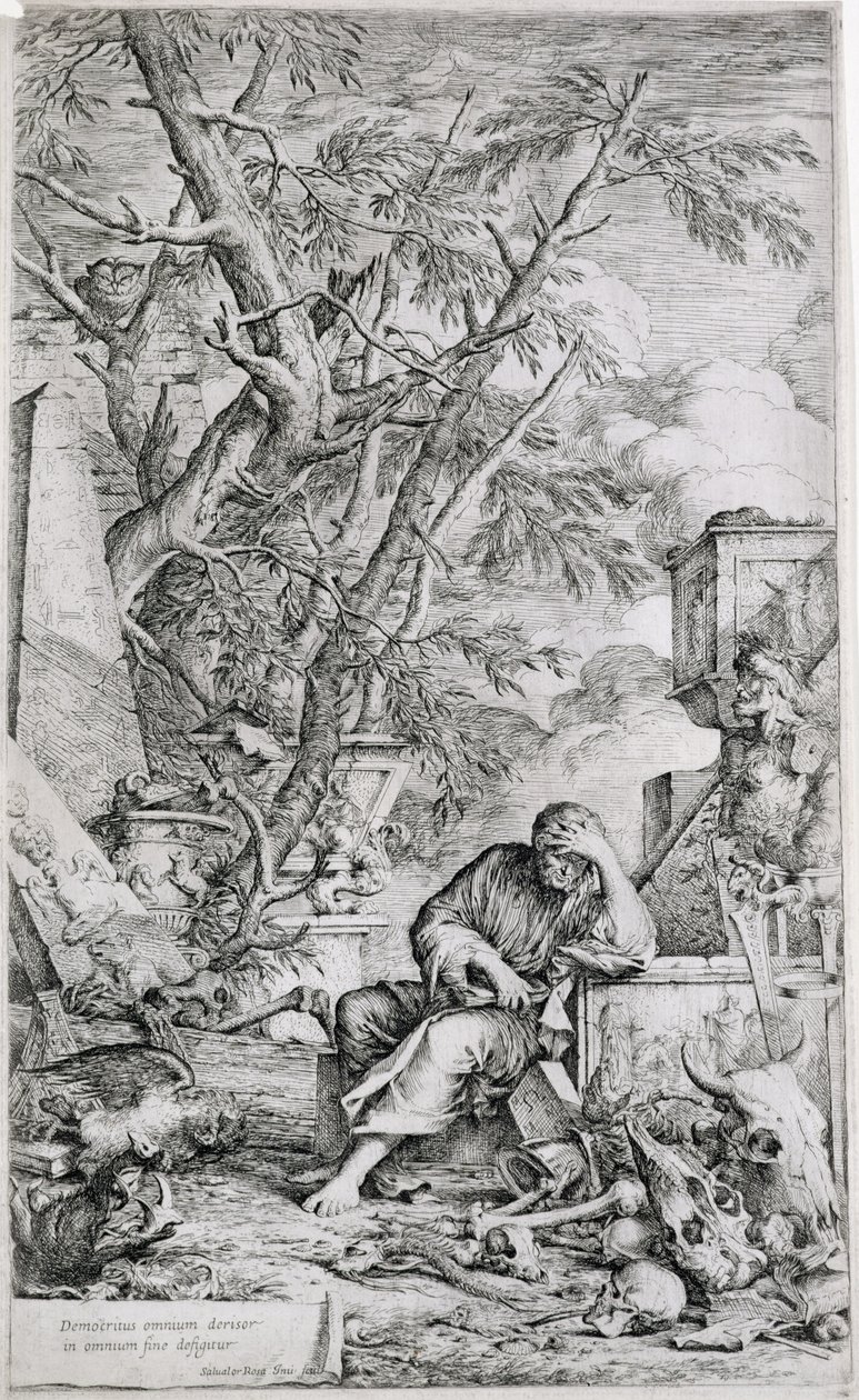 Meditasyonda Demokritos (gravür) by Salvator Rosa