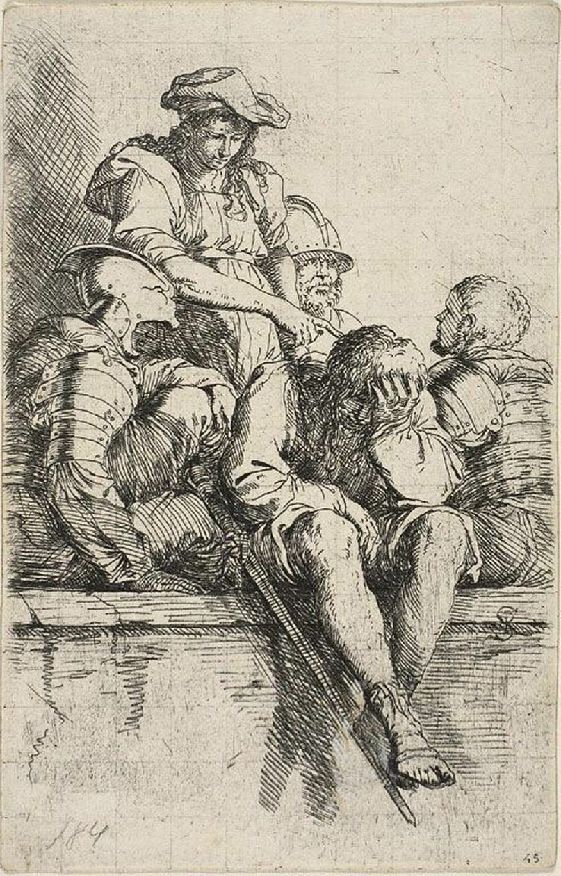 Figurine serisinden dört savaşçı ve bunlardan birine işaret eden ayakta duran bir genç by Salvator Rosa