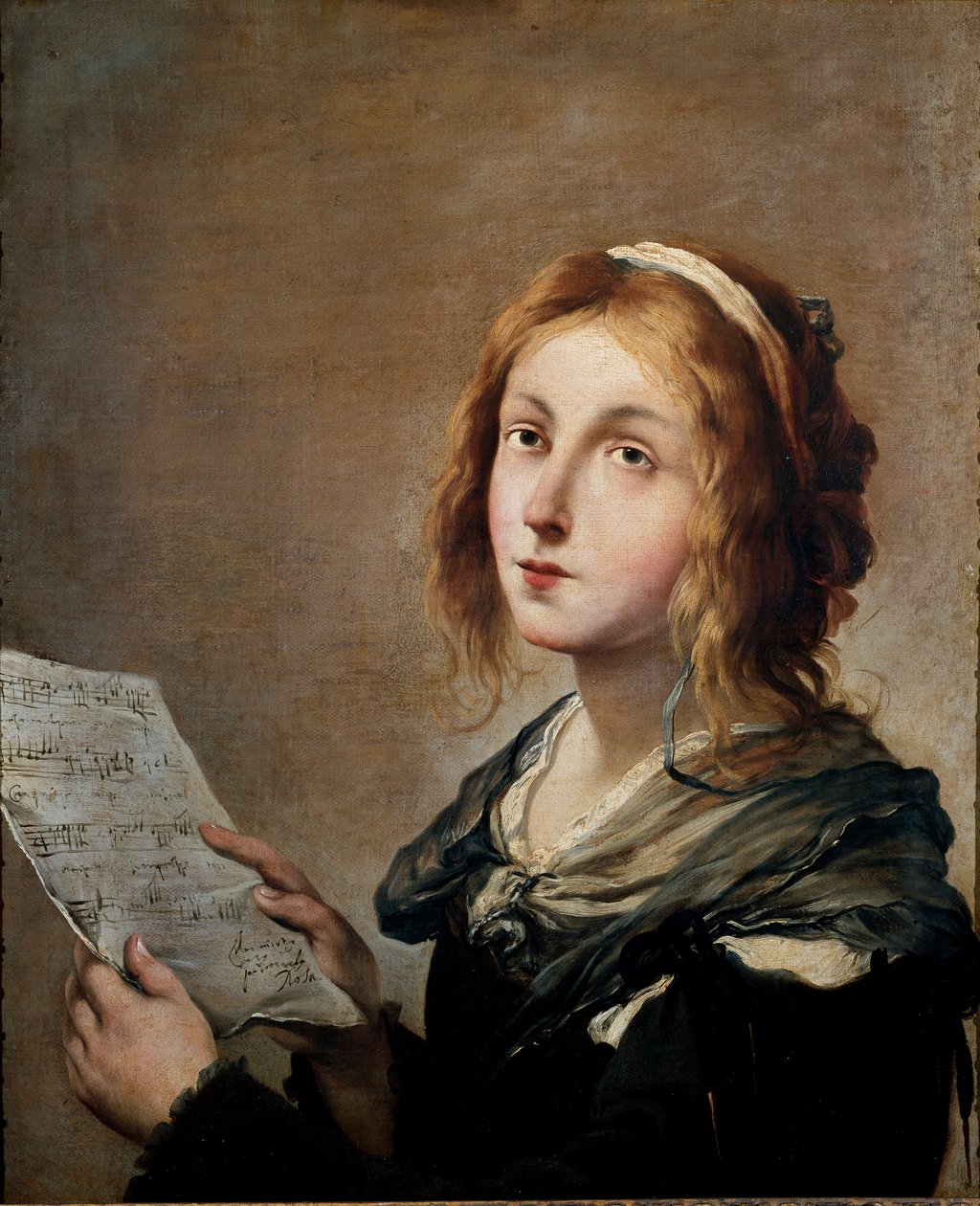 Müzik Çok mütevazı bir sosyal durumdan genç kadın, müziği somutlaştırıyor, elinde bir nota. Salvator tarafından boyama by Salvator Rosa