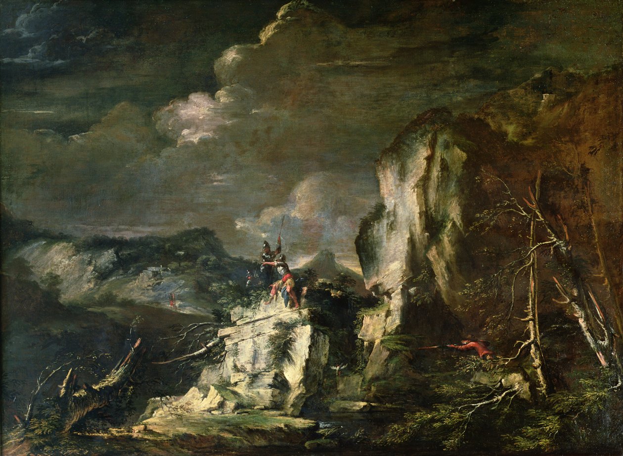 Avcı ve Savaşçılarla Kayalık Manzara by Salvator Rosa