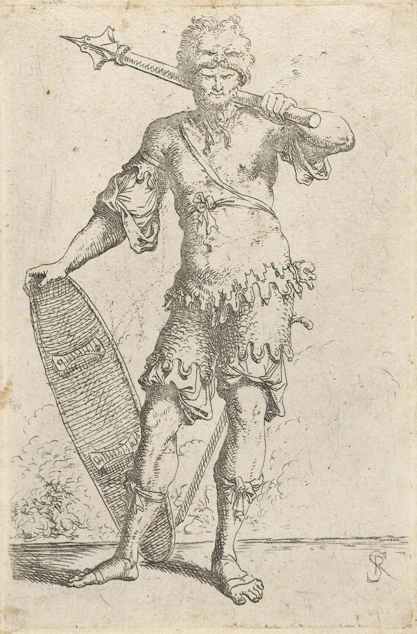 Ayakta Duran Egzotik Savaşçı Aslan Başlı Şapka Takıyor, Elinde Topuz ve Kalkan Tutuyor, c.1656-57 (döşemiş kağıt üzerine gravür) by Salvator Rosa