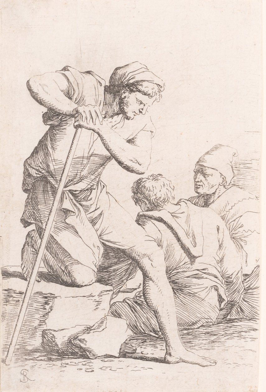 Oturan iki adam ve bir kayanın üzerinde diz çökmüş bir asa tutan başka bir adam, seriden..., ca. 1656-1657. by Salvator Rosa