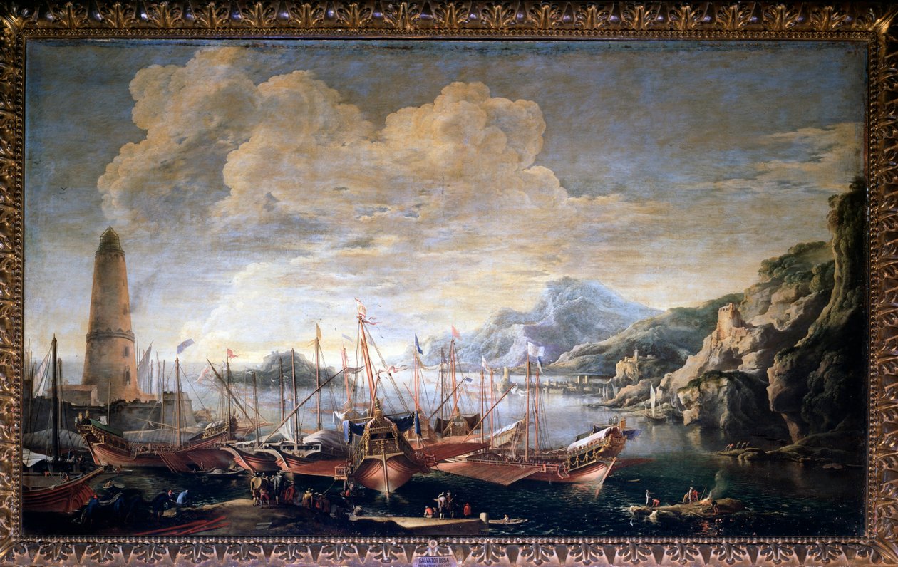 Bir liman görünümü - tuval üzerine yağlıboya by Salvator Rosa