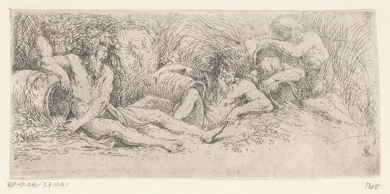 çömleği olan beş nehir tanrısı Tritonlar ve Nehir Tanrıları (dizi başlığı) by Salvator Rosa