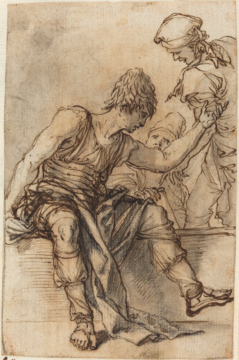 Duvarda Oturan İki Adamla Sohbet Eden Genç by Salvator Rosa