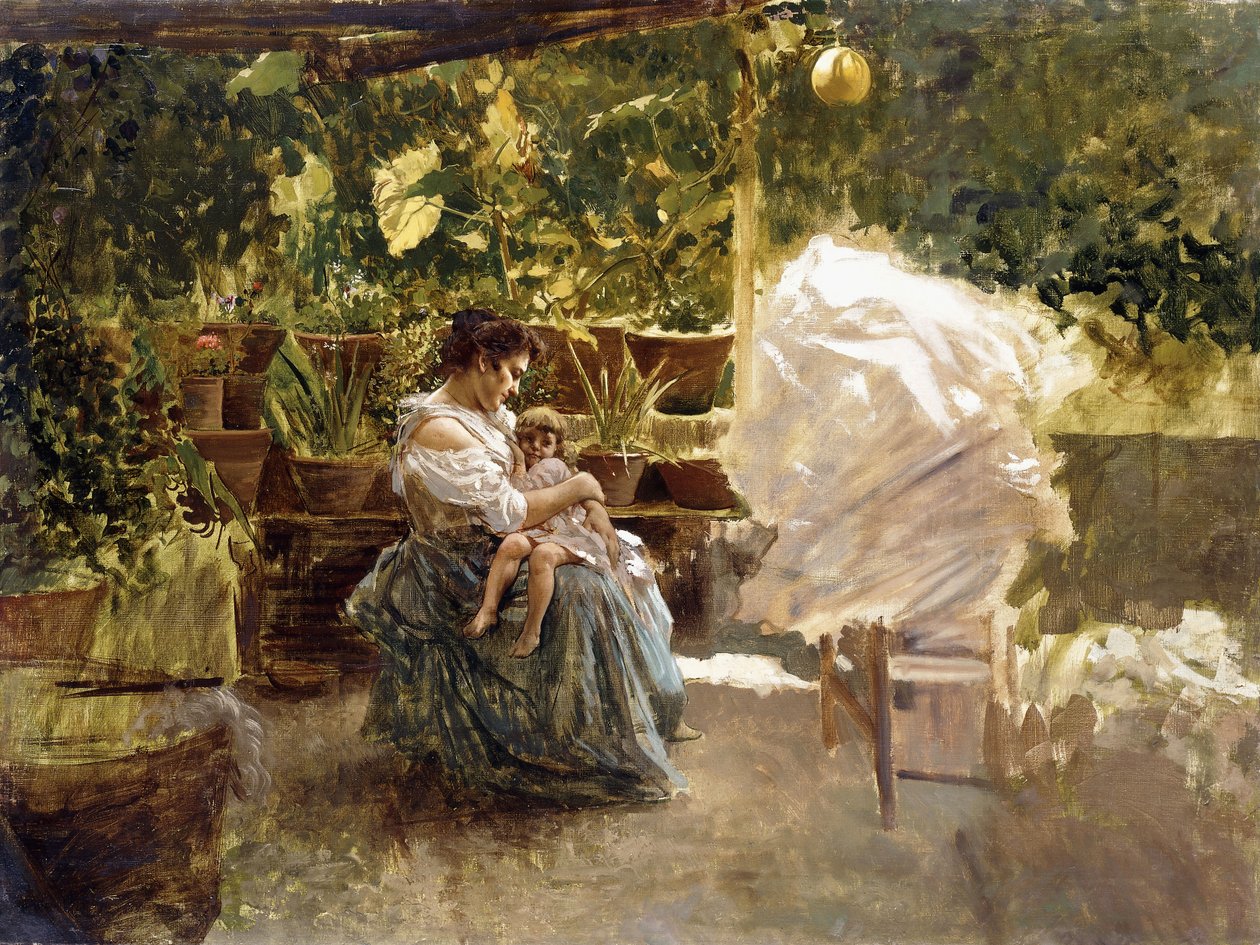 Veranda üzerinde çocuğuyla bir anne (tuval üzerine yağlı boya) by Salvatore Postiglione