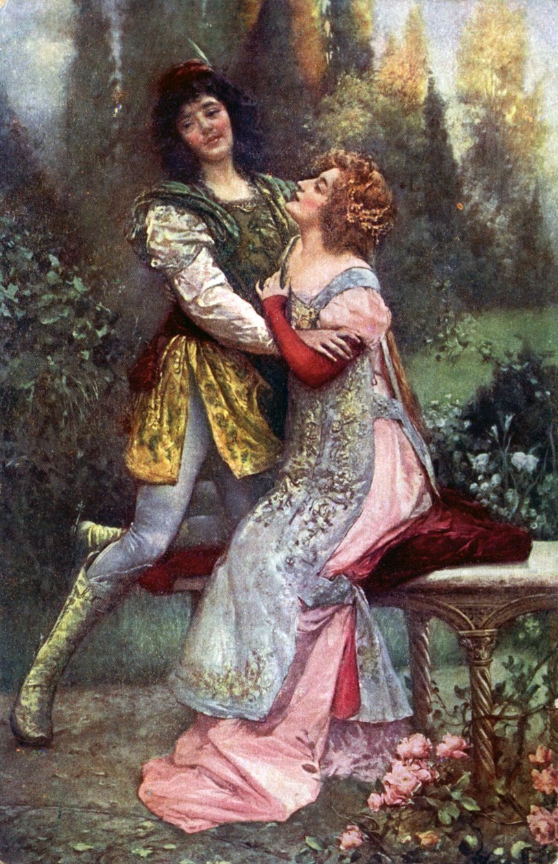 Edebiyat. Francesca da Rimini ve Paolo Malatesta. S. Postiglione'den ilham alan illüstrasyon: The Divine Comedy, by Dante Alighieri, Çek Cumhuriyeti, 1910 dolayları (kartpostal) by Salvatore Postiglione