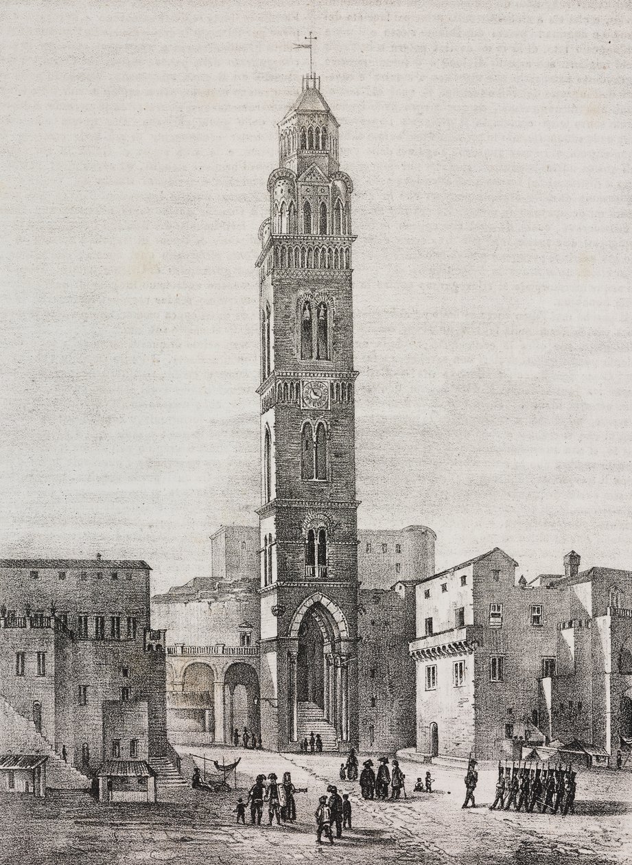 Gaeta katedralinin çan kulesi, Lazio, İtalya, Pasquale Mattei (1813-1879) tarafından çizildikten sonra Salvatore Puglia tarafından litografi, Poliorama Pittoresco'dan, n 48, 6 Temmuz by Salvatore Puglia