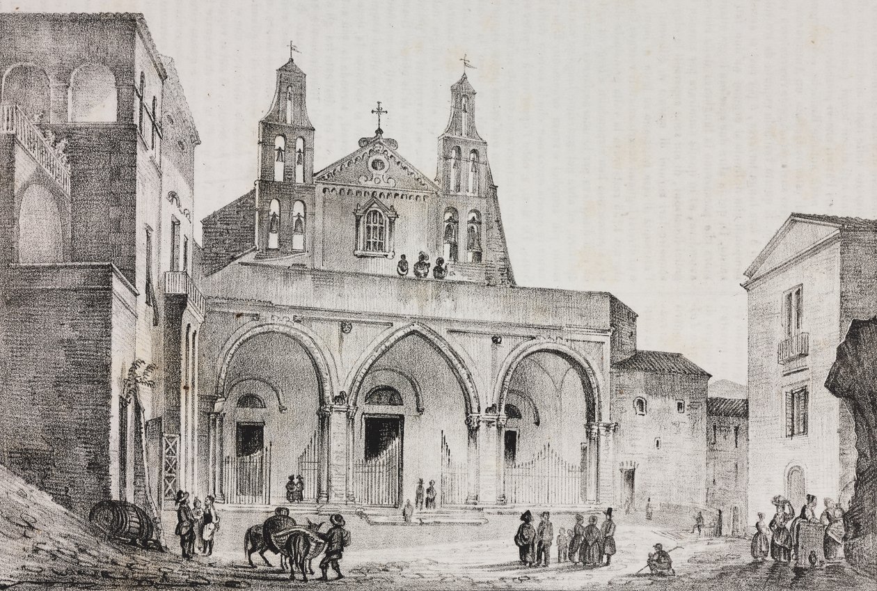 Sessa Aurunca Katedrali'nin cephesi, Campania, İtalya, Poliorama Pittoresco'dan Pasquale Mattei (1813-1879) tarafından çizildikten sonra Salvatore Puglia tarafından litografi, n 42, 24 Mayıs by Salvatore Puglia