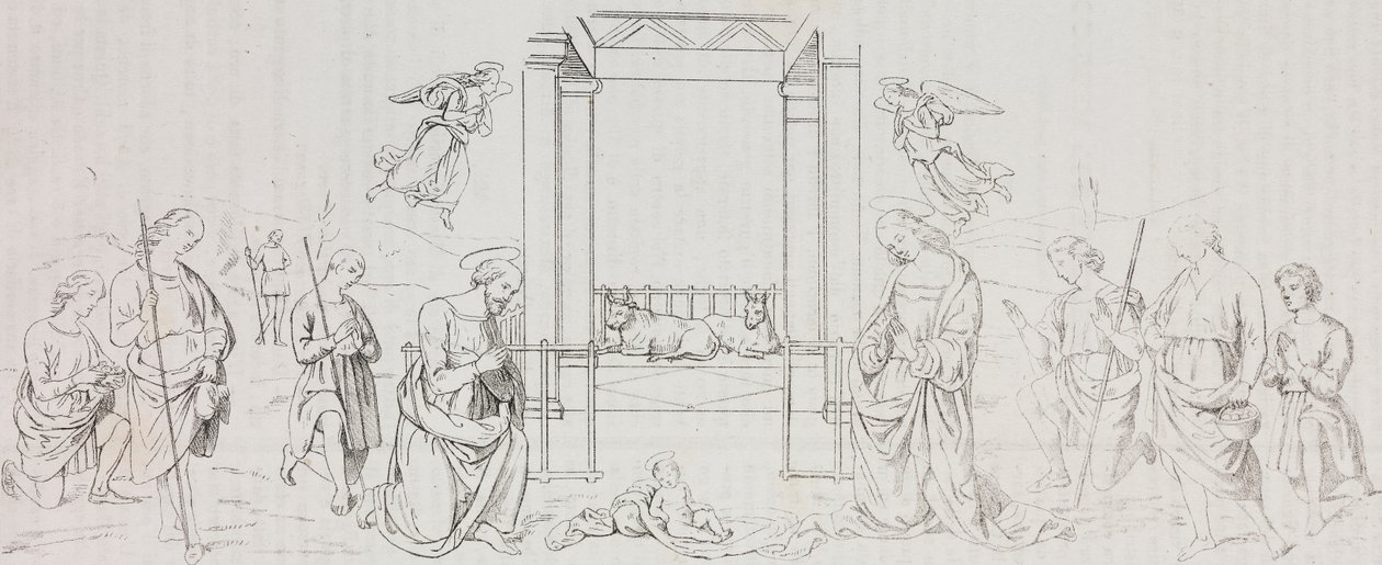 Fontignano Doğuşu, Çobanların Hayranlığı, Poliorama Pittoresco'dan Pietro Perugino'nun (yaklaşık 1450-1523) tablosundan sonra Salvatore Puglia'nın litografisi, n 42, 24 Mayıs by Salvatore Puglia