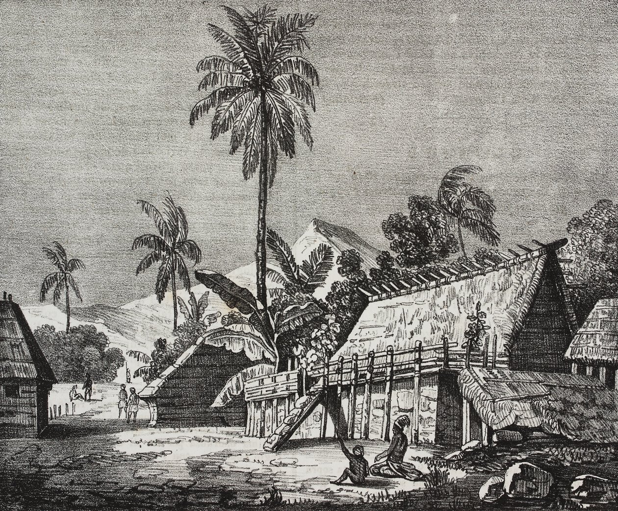 House of Queen Noukahiva Adası (bugünkü Nuku Hiva), Marquesas Adaları, Fransız Polinezyası, Poliorama Pittoresco'dan Salvatore Puglia tarafından litografi, n 37, Nisan by Salvatore Puglia