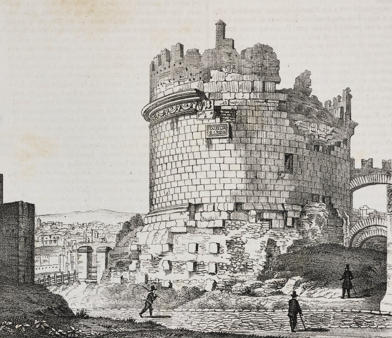 Via Appia'daki Cecilia Metella Mozolesi, Roma, Lazio, İtalya, Poliorama Pittoresco'dan Salvatore Puglia tarafından litografi, n 20, 21 Aralık by Salvatore Puglia