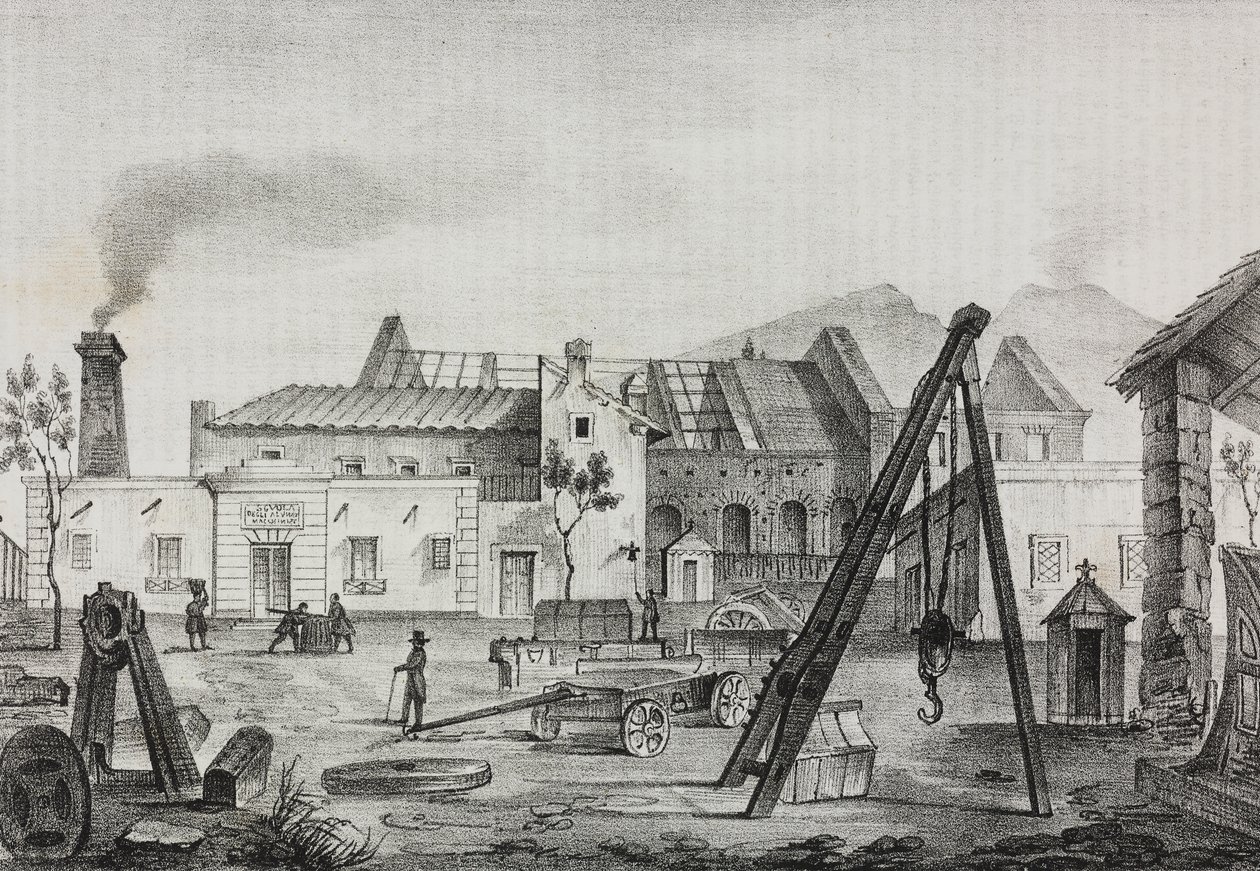 Pietrarsa, Campania, İtalya'daki kraliyet mekanik fabrikası (Royal Mechanical Factory), Poliorama Pittoresco'dan Gaetano Riccio tarafından litografi, n 39, 7 Mayıs by Salvatore Puglia