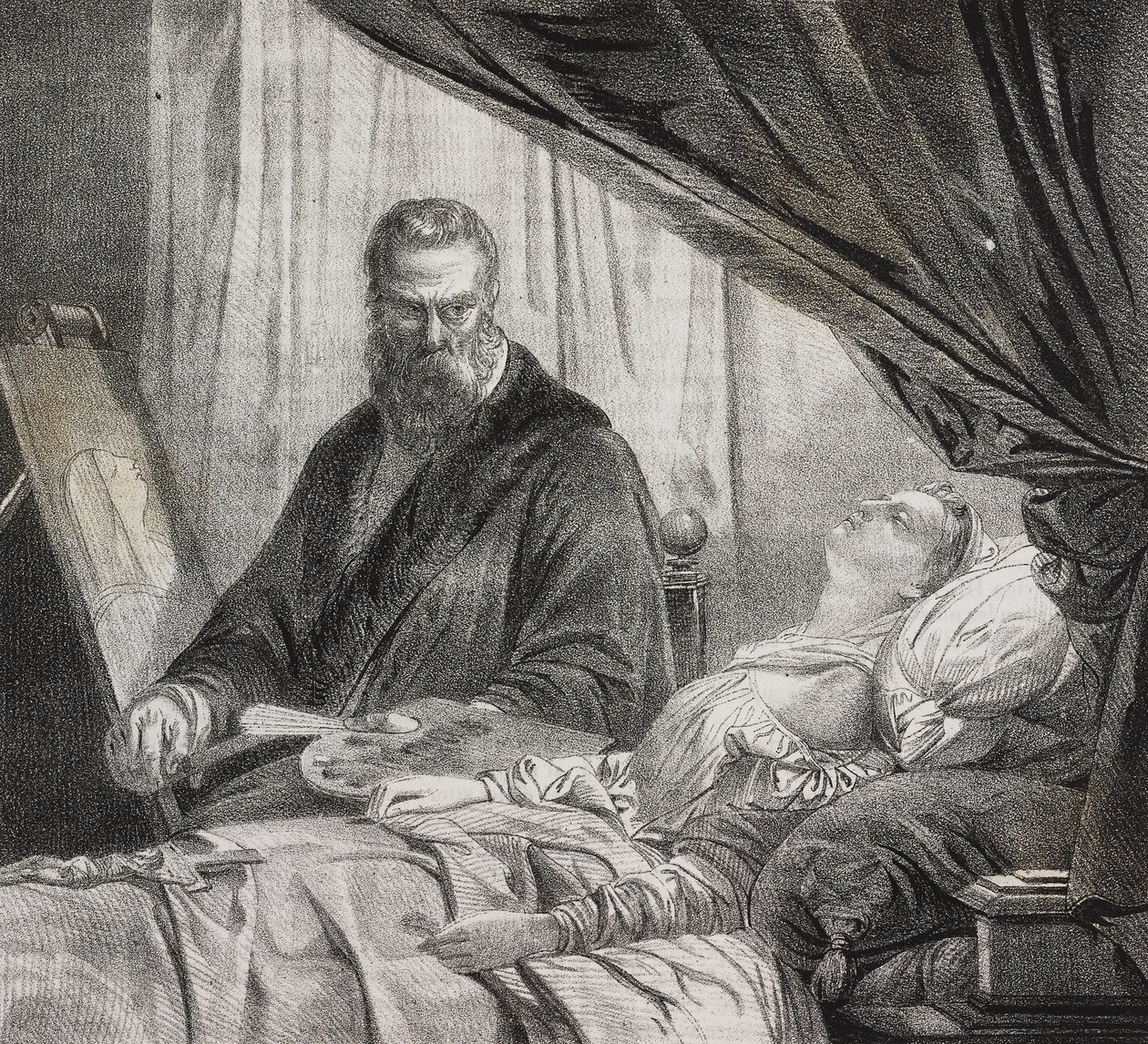 Tintoretto ölen kızını resmediyor, Poliorama Pittoresco'dan Salvatore Puglia'nın litografisi, n 27, 10 Şubat by Salvatore Puglia