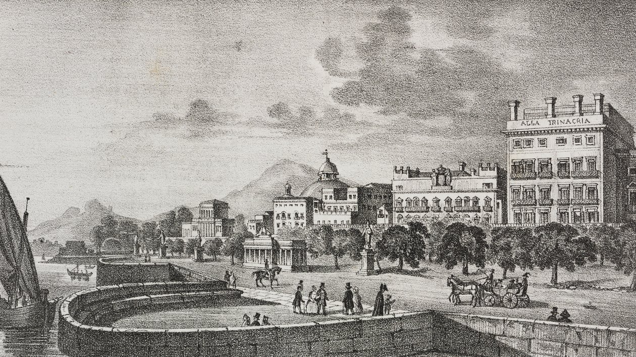 Bourbon forumu ve Trinacria otelinin görünümü, Palermo, Sicilya, İtalya, Poliorama Pittoresco'dan Di Giovanni'nin gravüründen sonra Salvatore Puglia tarafından litografi, n 37, 19 Nisan by Salvatore Puglia