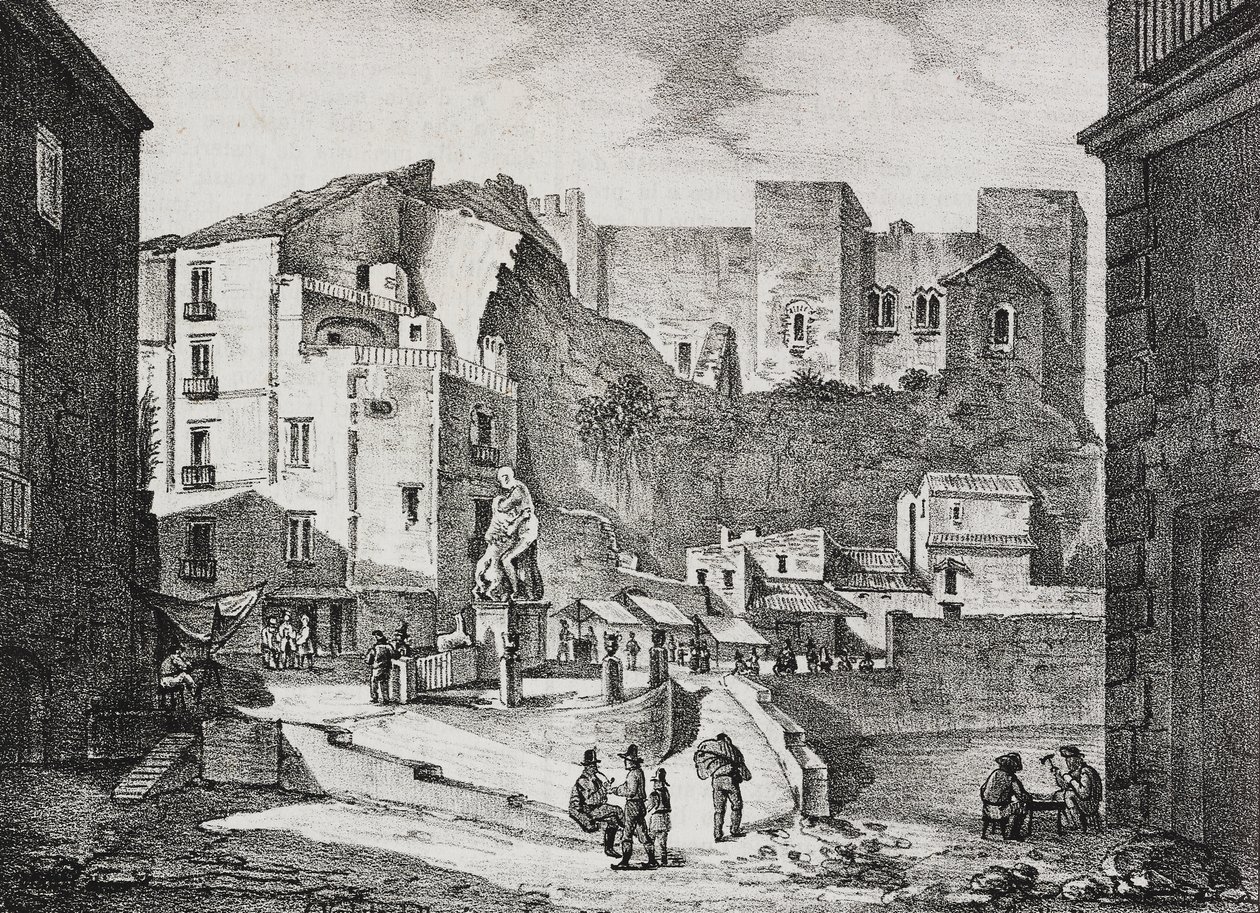 Sessa Aurunca, Campania, İtalya'daki Piazza della Fontana dell'Ercole'nin görünümü, Poliorama Pittoresco'dan Salvatore Puglia'nın litografisi, n 8, 30 Eylül by Salvatore Puglia
