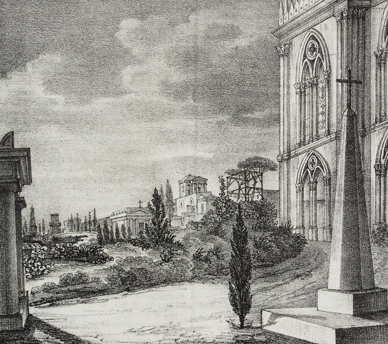 Gotik manastırdan mezarlığın görünümü, Napoli, Campania, İtalya, Poliorama Pittoresco'dan Salvatore Puglia'nın litografisi, n 34, 1 Nisan by Salvatore Puglia