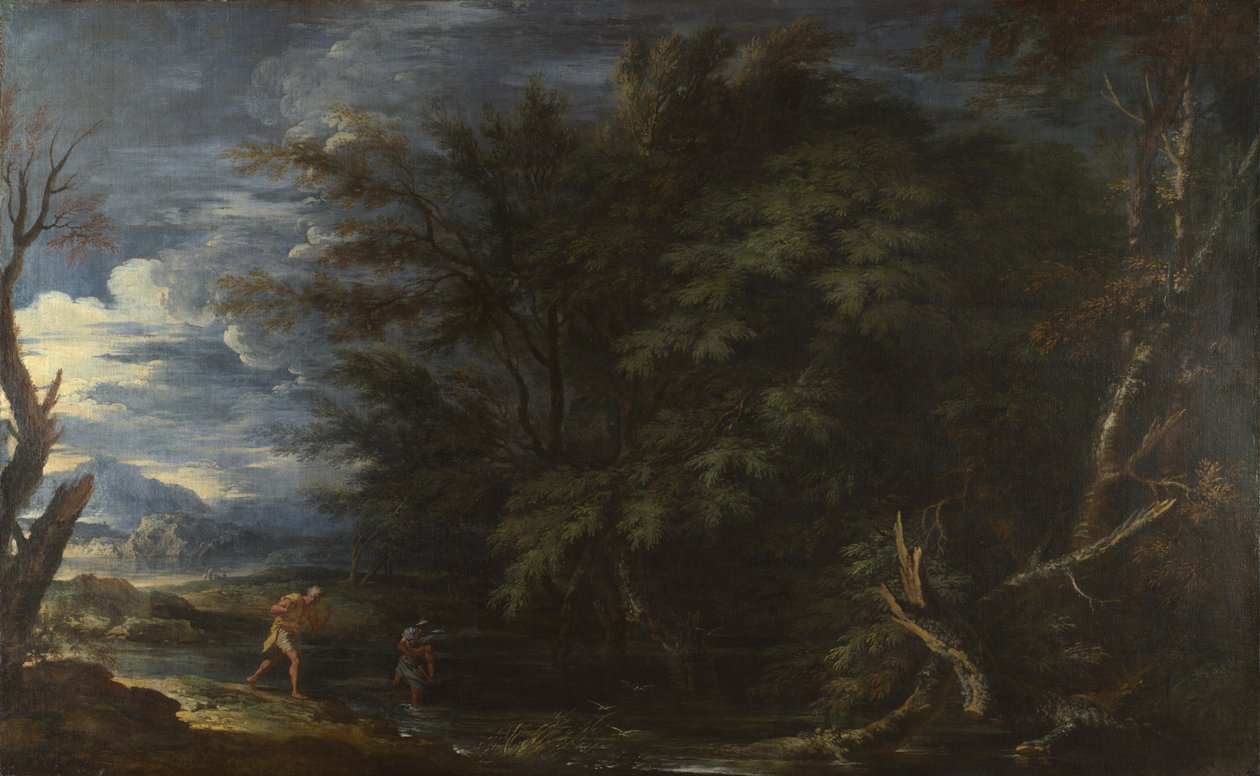 Merkür ve Dürüst olmayan Woodman ile manzara, yaklaşık 1663. by Salvatore Rosa