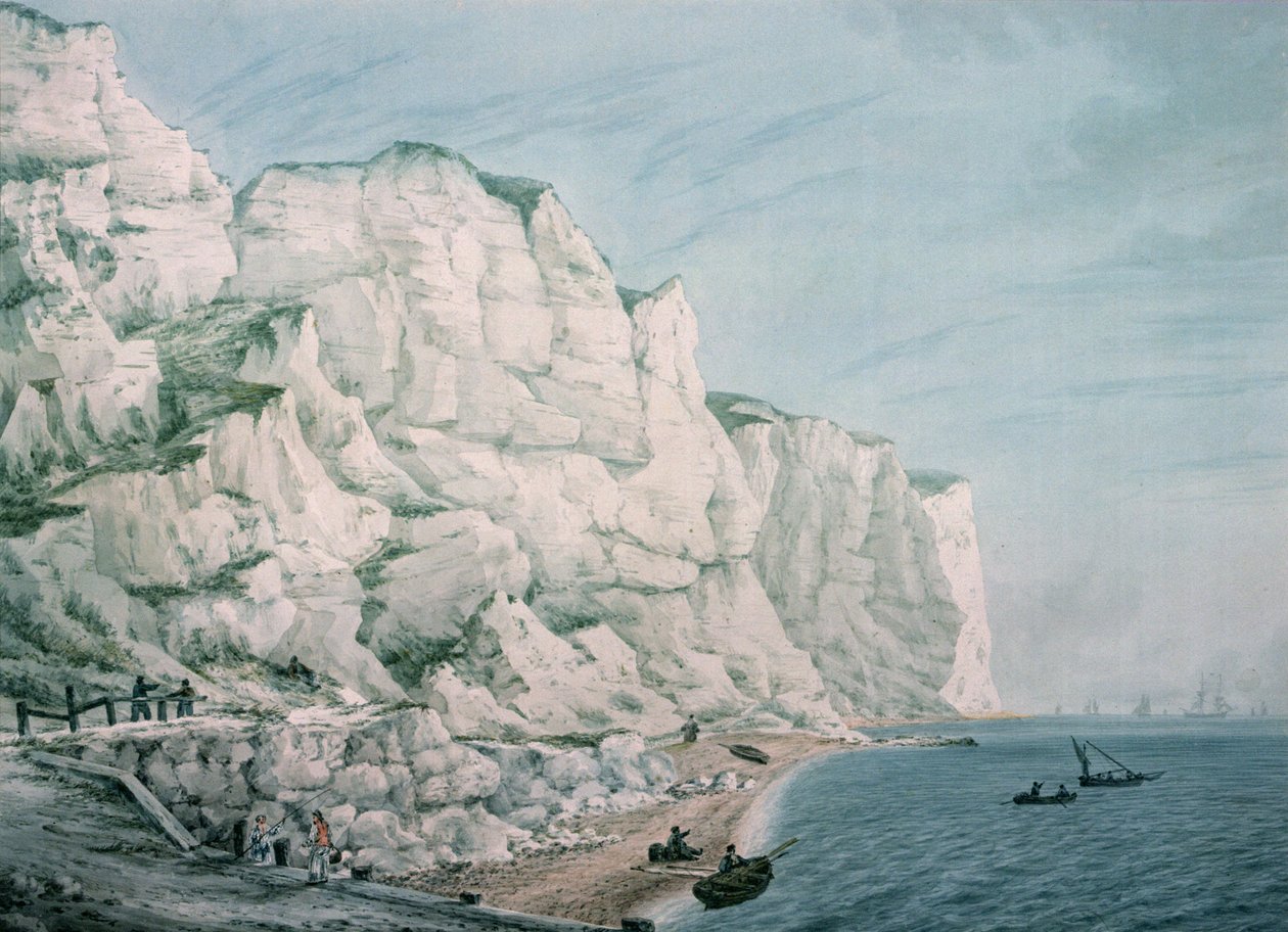 Study of Cliffs: Sailing Vessels in the Offing and Small Boats with Figures near Shore, 18th century (watercolour) by Samuel Atkins