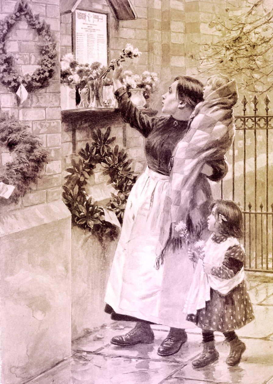 WW1: mother and children place flowers at a war memorial by Samuel Begg