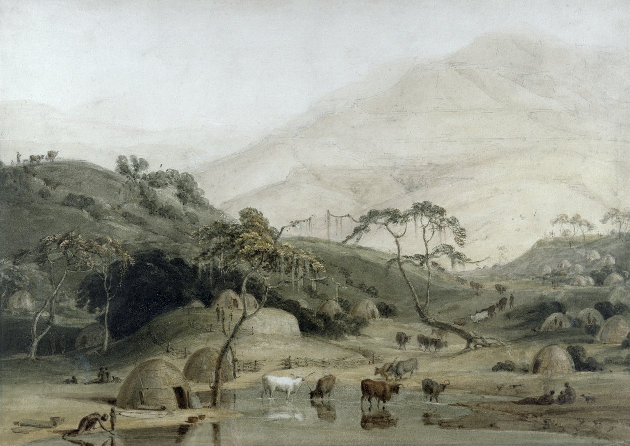 Bir Kaffir Köyü, c.1801 (kağıt üzerinde wc ve grafit) by Samuel Daniell